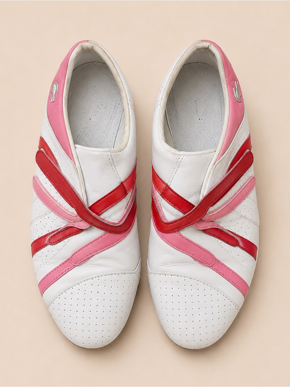 Lacoste White Slip-On Athletic Shoes with Pink and Red Accents